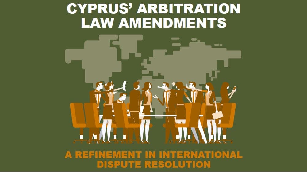 Illustration of delegates around a conference table beneath a world map, titled Cyprus’ Arbitration Law Amendments: a refinement in international dispute resolution